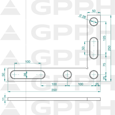Équerre plate 350x250mm, Système - Φ28, Série - PLUS schéma technique Équerre plate 350x250mm, Système - Φ28, Série - PLUS schéma technique