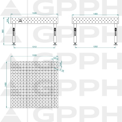 Welding table PLUS Size - 1500x1480mm, Grid - 100x100mm, System - Φ16, Legs - On feet - technical drawing Welding table PLUS Size - 1500x1480mm, Grid - 100x100mm, System - Φ16, Legs - On feet - technical drawing