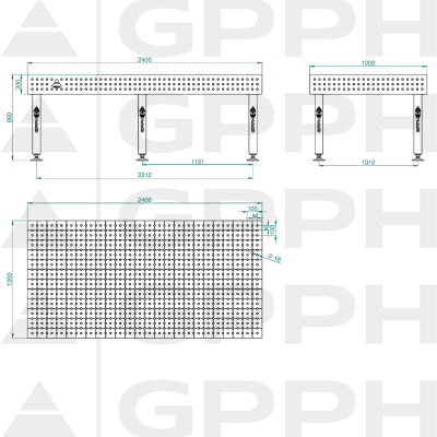 Zvárací stôl PLUS Rozmer - 2400x1200mm, Mriežka 50x50mm, Systém - Φ16, Nohy - Na nohách - technický nákres