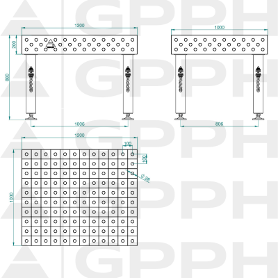 Sveisebord PRO Størrelse - 1200x1000mm, Rutenett - 100x100mm, System - Φ28, Ben - På føttene Teknisk tegning Sveisebord PRO Størrelse - 1200x1000mm, Rutenett - 100x100mm, System - Φ28, Ben - På føttene Teknisk tegning