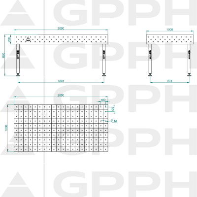 Lastafel ECO 2000x1000 mm fi16 100x100 op voeten Technische tekening