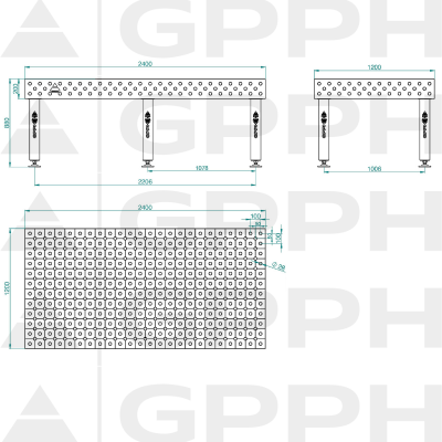Svejsebord PRO Gitter - diagonal, System - Φ28, Størrelse - 2400x1200mm, Ben - På fødderne Teknisk tegning
