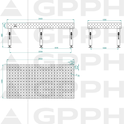 Metināšanas galds PRO Tīkls - diagonāle, Sistēma - Φ16, Izmērs - 2400x1200mm, Kājas - uz pēdām Tehniskais rasējums