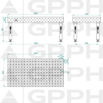 Table de soudage PRO Grille - diagonale, Système - Φ16, Taille - 2000x1000mm, Pattes - Sur les pieds schéma technique