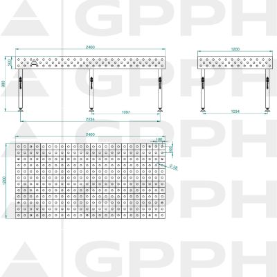 Metināšanas galds ECO 2400x1200 mm fi28 100x100 uz kājām Tehniskais rasējums Metināšanas galds ECO 2400x1200 mm fi28 100x100 uz kājām Tehniskais rasējums