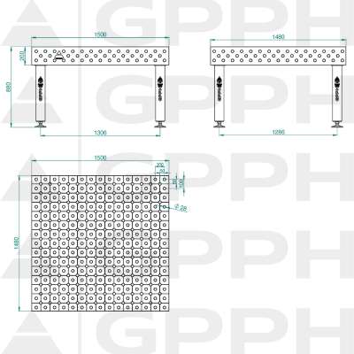 Svejsebord PRO Gitter - diagonal, System - Φ28, Størrelse - 1500x1480mm, Ben - På fødderne Teknisk tegning