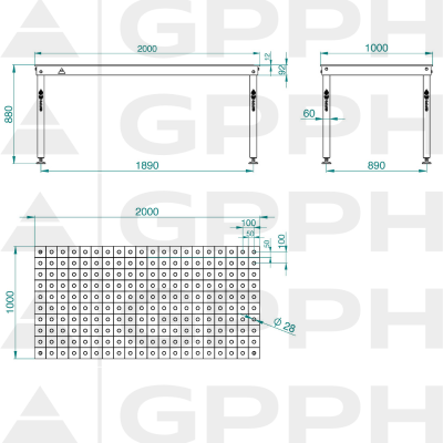 Teknisk tegning Svejsebord BASIC 2000x1000 mm fi28 100x100 på fødderne