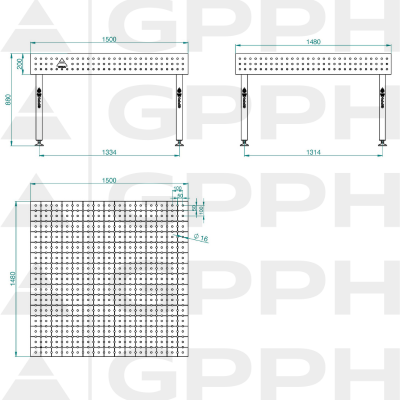 Lastafel ECO 1500x1480 mm fi16 50x50 op voeten Technische tekening