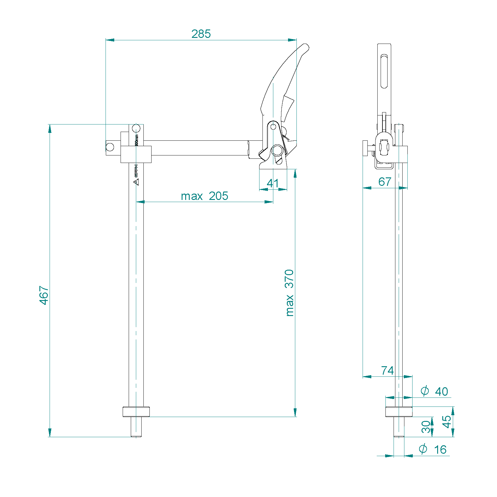 Hurtigtvinge justerbar H370 L205 Ø16 16_C_004 