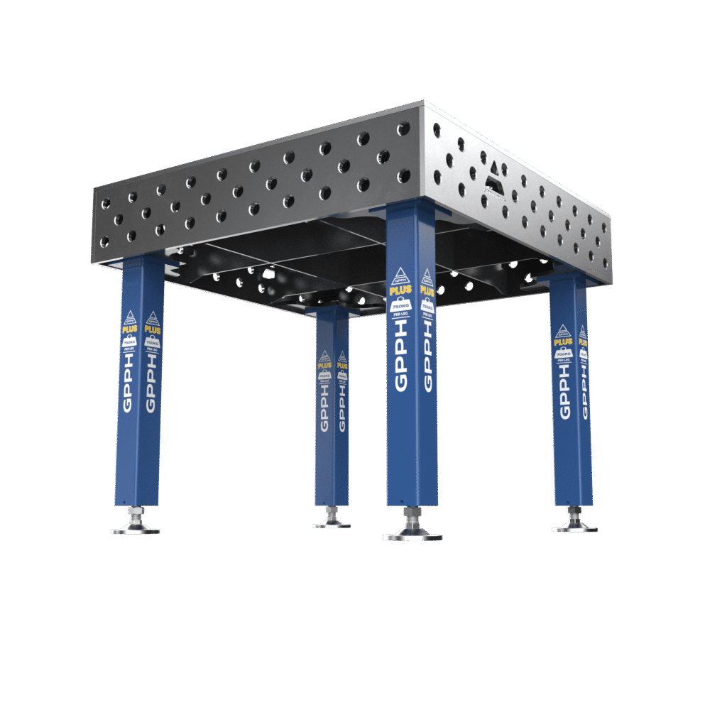 Stół Spawalniczy PLUS Rozmiar - 1000x1000 mm, Siatka - 100x100 mm, System - Φ28, Nogi - Na stopach, ujęcie z dołu