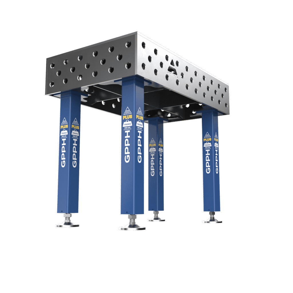 Stół Spawalniczy PLUS Rozmiar - 1000x600 mm, Siatka - 100x100 mm, System - Φ28, Nogi - Na stopach, ujęcie z dołu