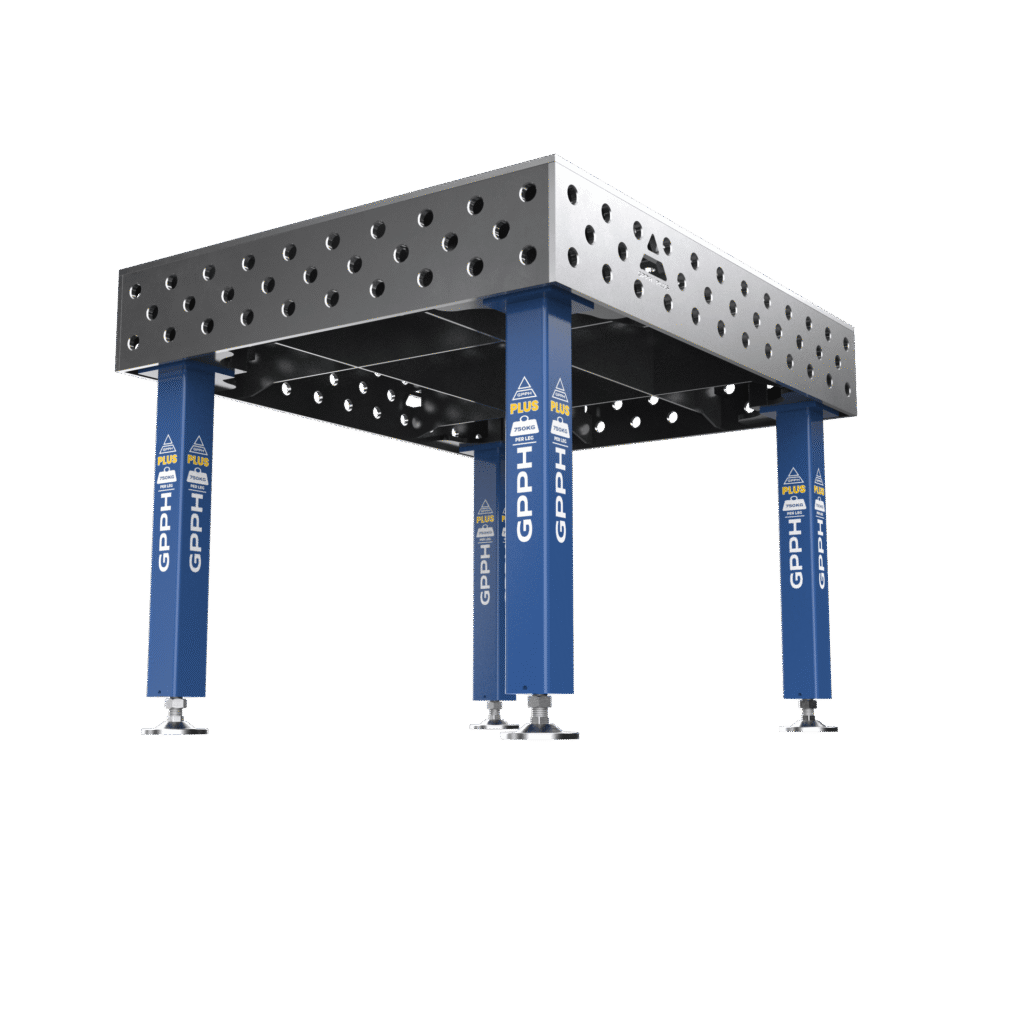Stół Spawalniczy PLUS Rozmiar - 1200x1000 mm, Siatka - 100x100 mm, System - Φ28, Nogi - Na stopach, ujęcie z dołu