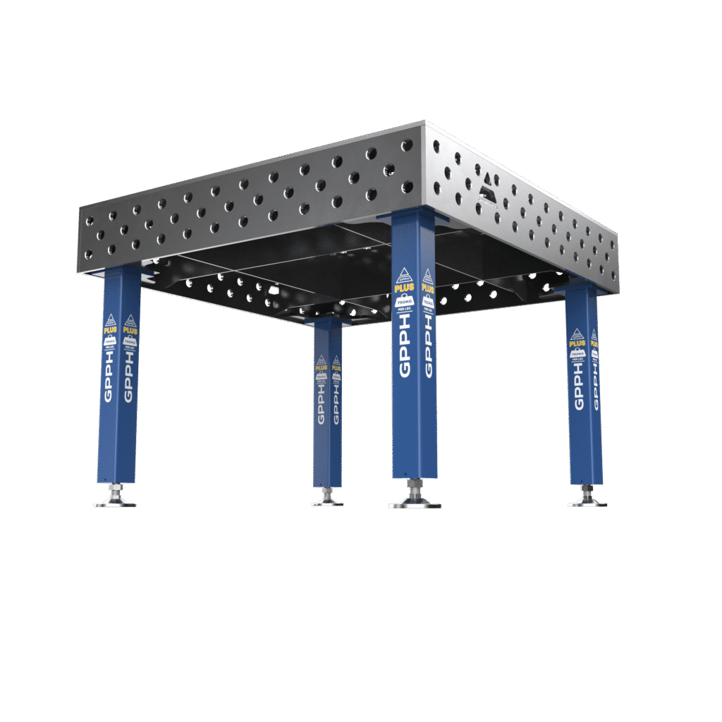 Stół Spawalniczy PLUS Rozmiar - 1200x1200 mm, Siatka - 100x100 mm, System - Φ28, Nogi - Na stopach, ujęcie z dołu