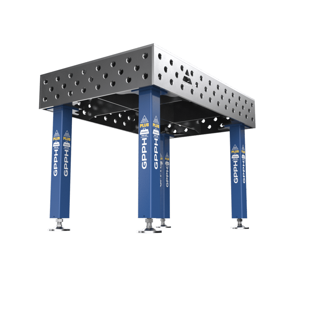 Stół Spawalniczy PLUS Rozmiar - 1200x800 mm, Siatka - 100x100 mm, System - Φ28, Nogi - Na stopach, ujęcie z dołu