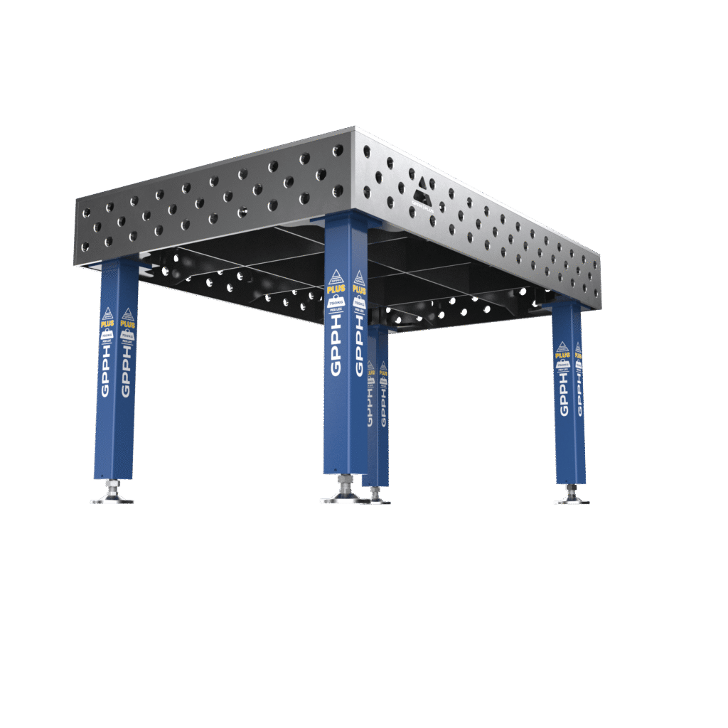 Stół Spawalniczy PLUS Rozmiar - 1500x1000 mm, Siatka - 100x100 mm, System - Φ28, Nogi - Na stopach, ujęcie z dołu