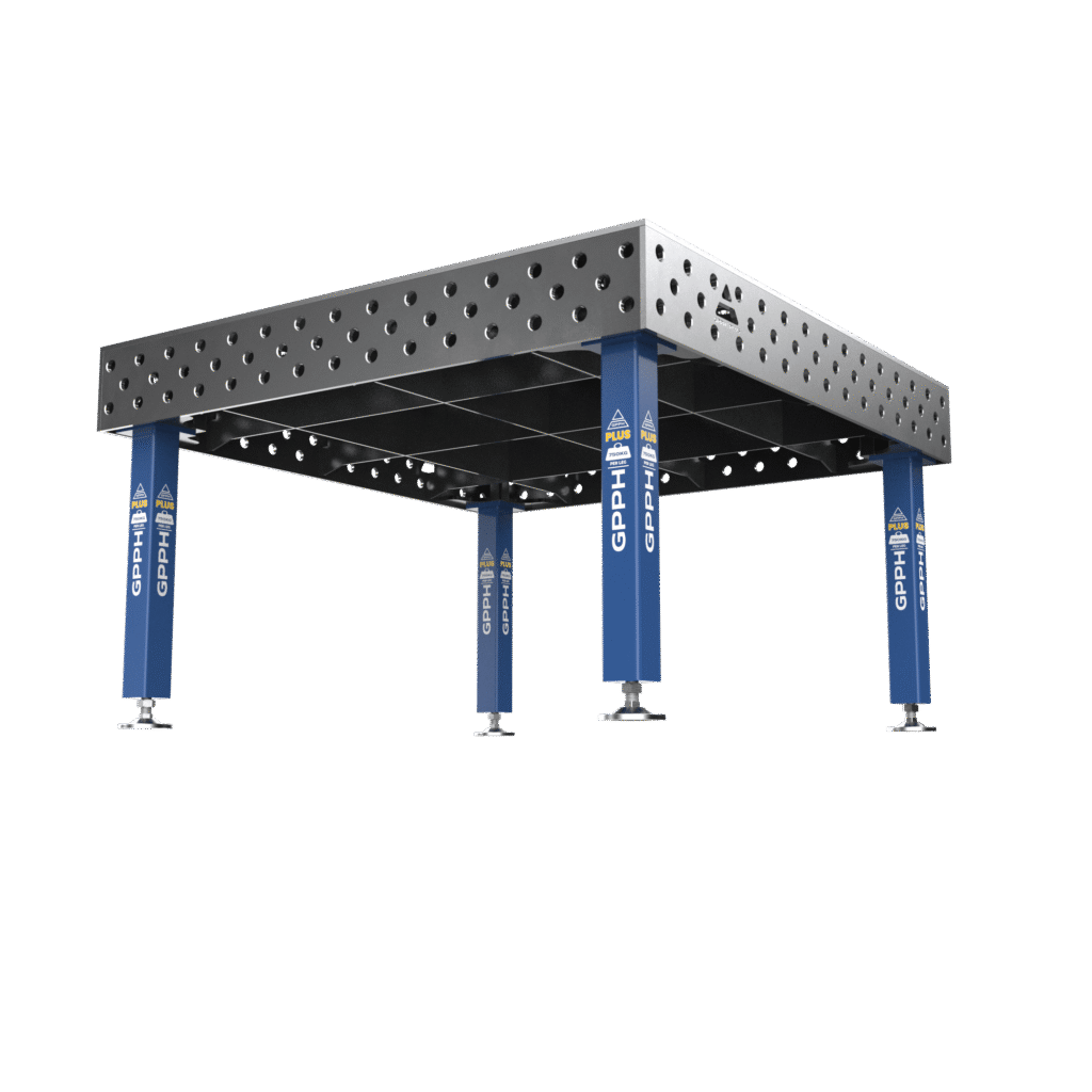 Stół Spawalniczy PLUS Rozmiar - 1500x1480 mm, Siatka - 100x100 mm, System - Φ28, Nogi - Na stopach, ujęcie z dołu