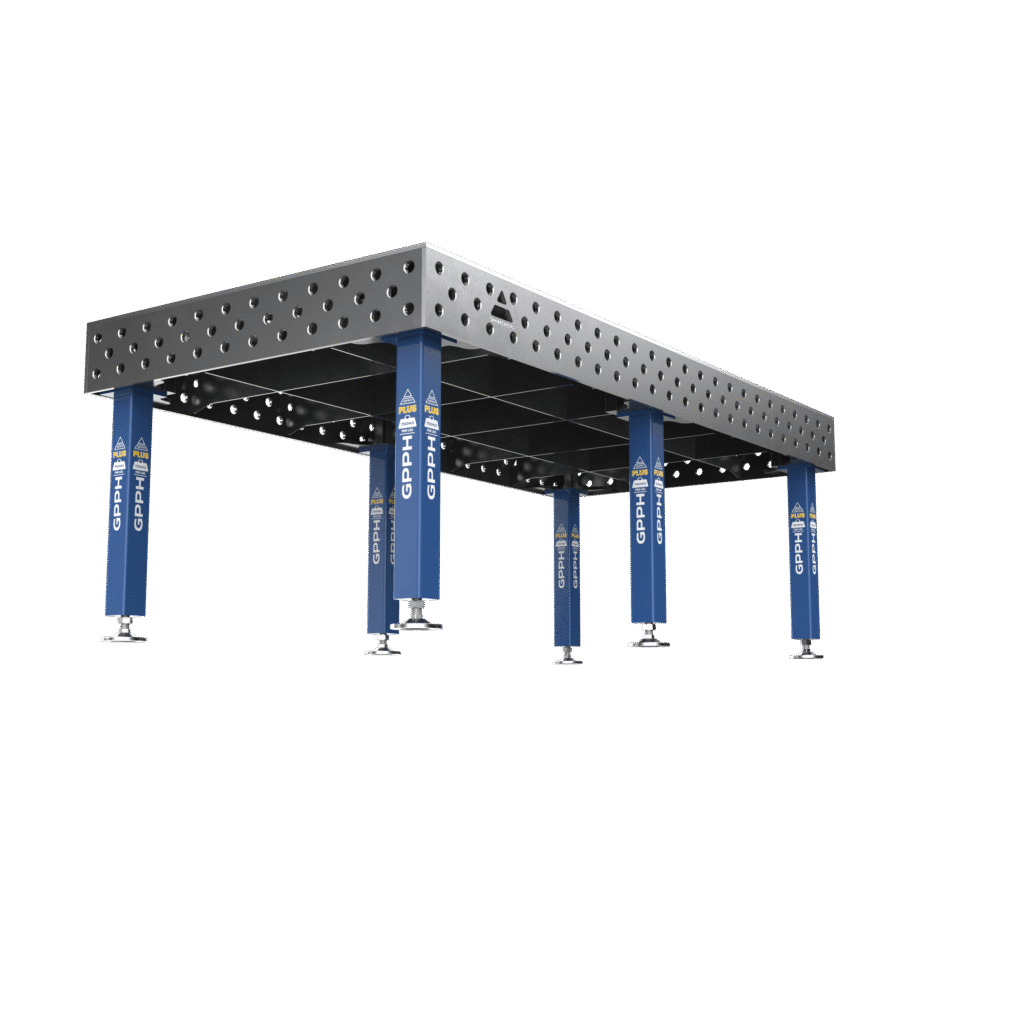 Stół Spawalniczy PLUS Rozmiar - 2400x1200 mm, Siatka - 100x100 mm, System - Φ28, Nogi - Na stopach, ujęcie z dołu