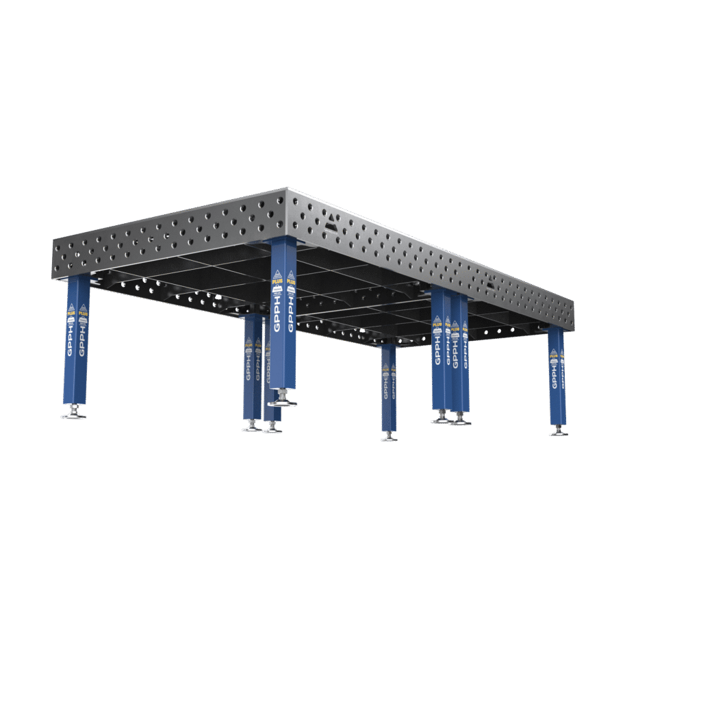 Stół Spawalniczy PLUS Rozmiar - 3000x1480 mm, Siatka - 100x100 mm, System - Φ28, Nogi - Na stopach, ujęcie z dołu