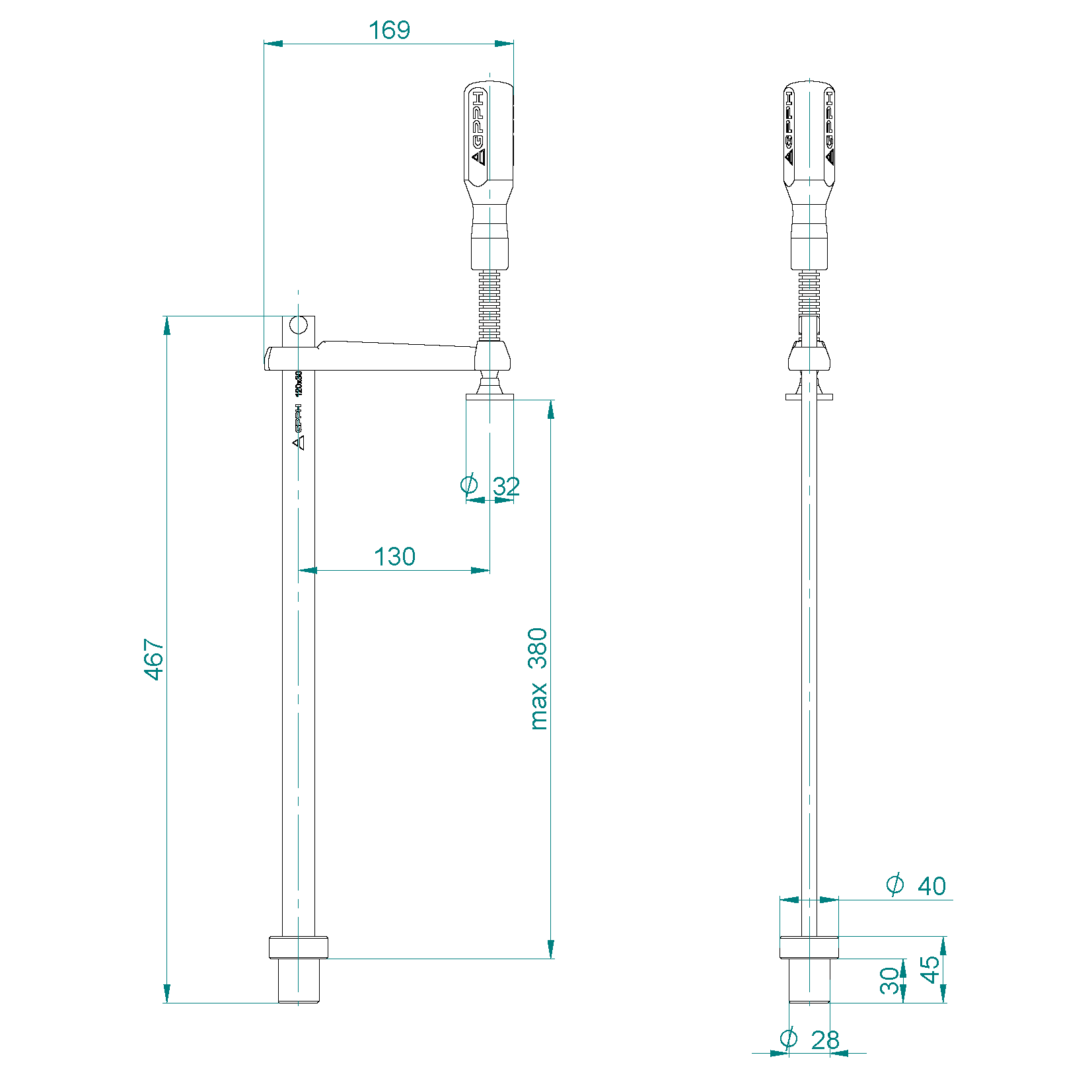 Befestigungsklemme GPPH, Durchmesser 28 mm – technische Zeichnung