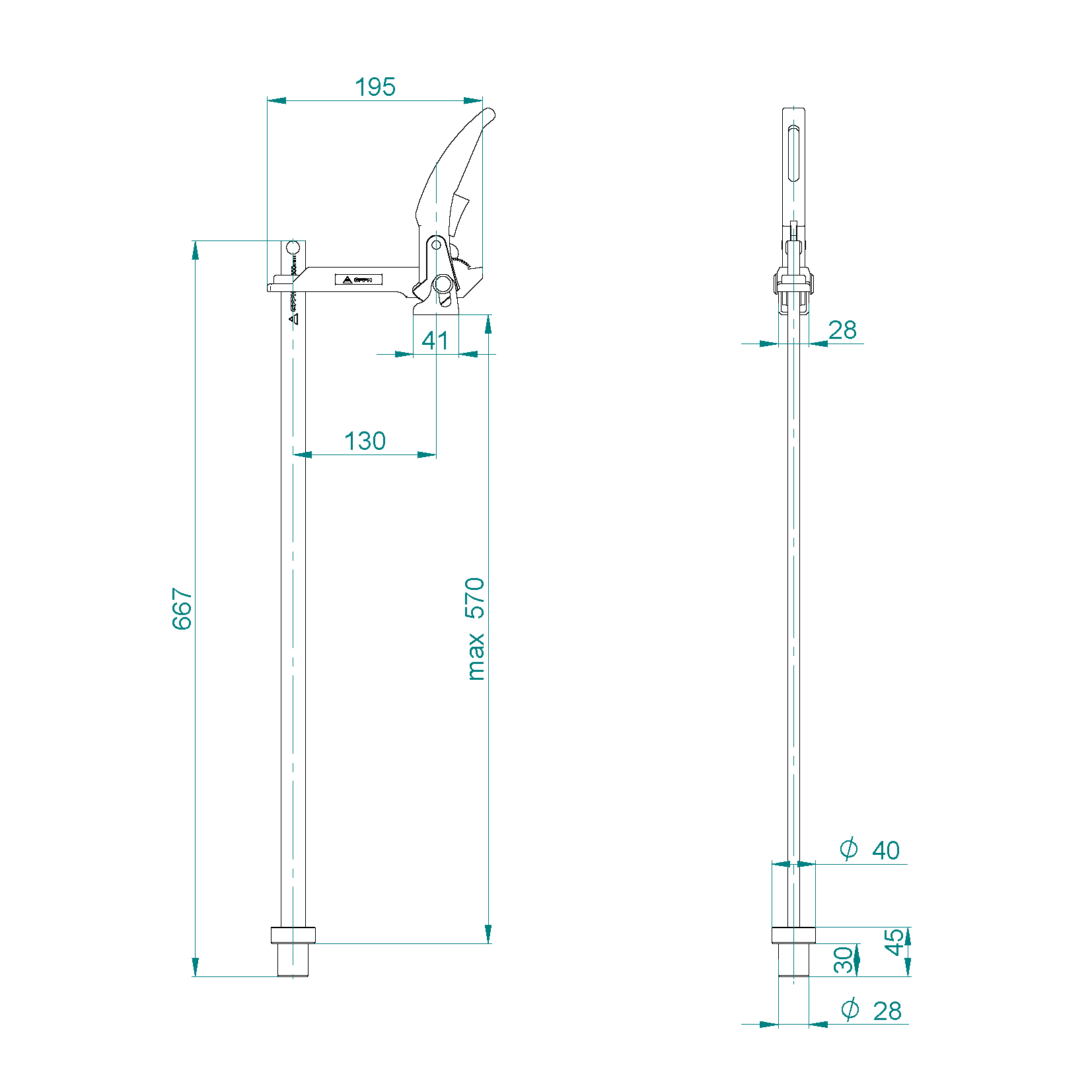 Collier de serrage avec levier GPPH fi28 mm - dessin technique