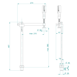 Abrazadera de sujeción con alcance regulable GPPH fi28 mm - dibujo técnico