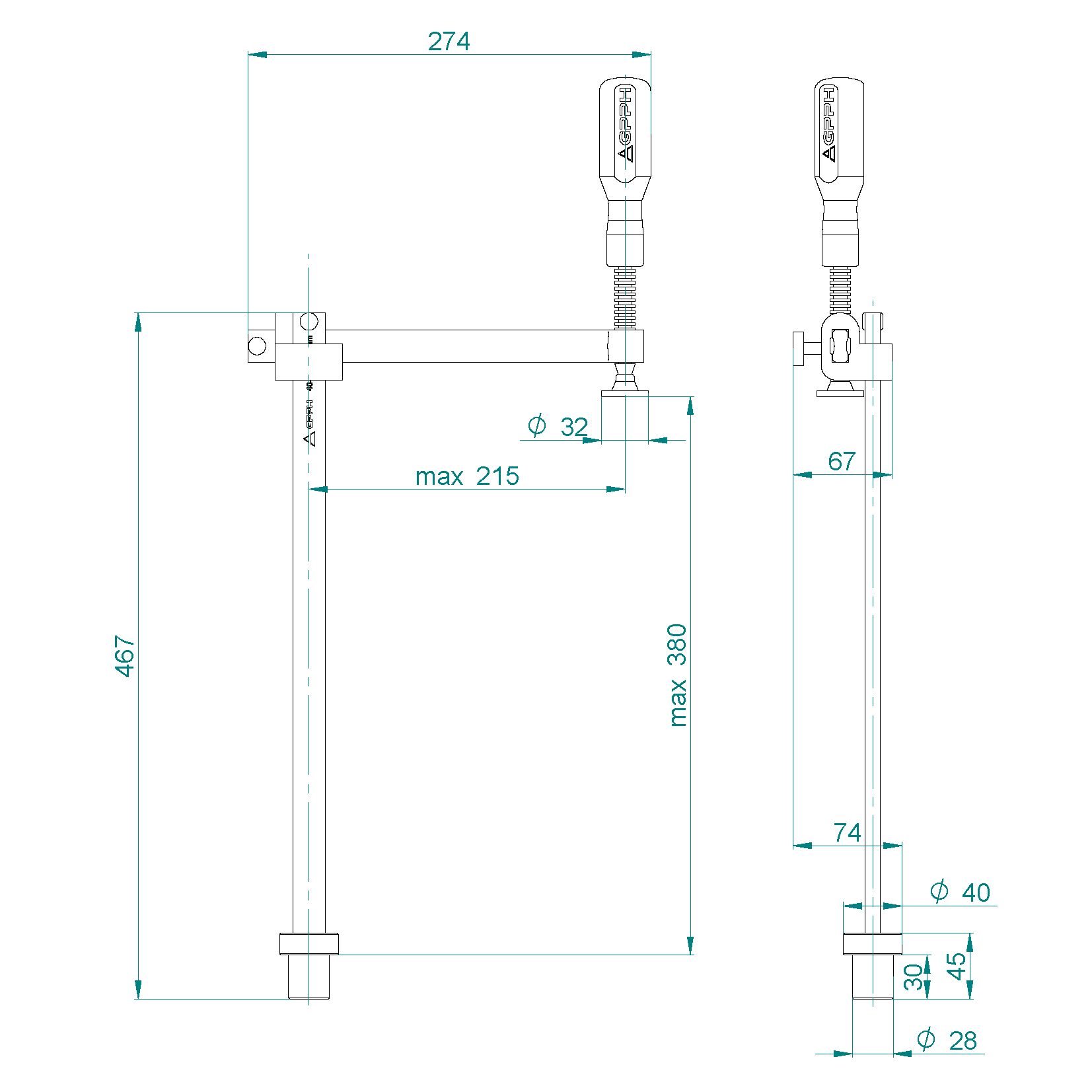 Abrazadera de sujeción con alcance regulable GPPH fi28 mm - dibujo técnico