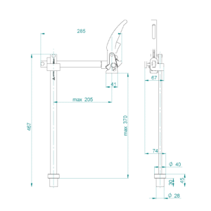 Szorítószerkezet karral és állítható hatótávolsággal GPPH fi28 mm - műszaki rajz