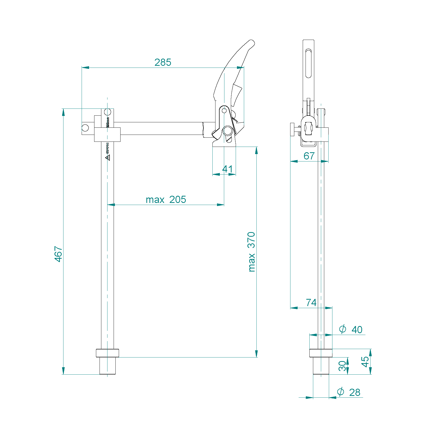 Szorítószerkezet karral és állítható hatótávolsággal GPPH fi28 mm - műszaki rajz