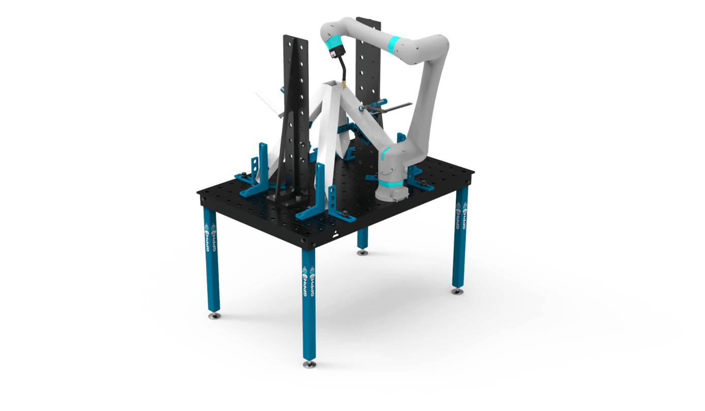 Vizualizace svařovacího stolu GPPH řady BASIC s konstrukcí "pavoučích nohou" a cobotem