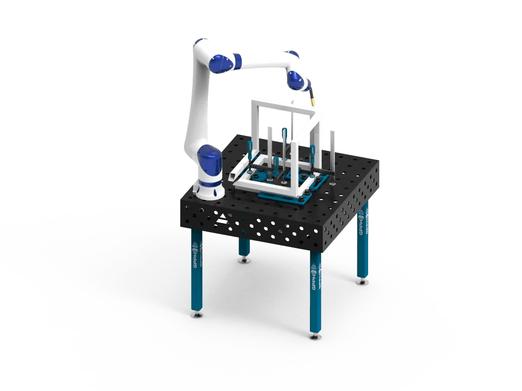 Tradycyjny stół spawalniczy ECO 100x100 cm z robotem COBOT i konstrukcją do spawania.