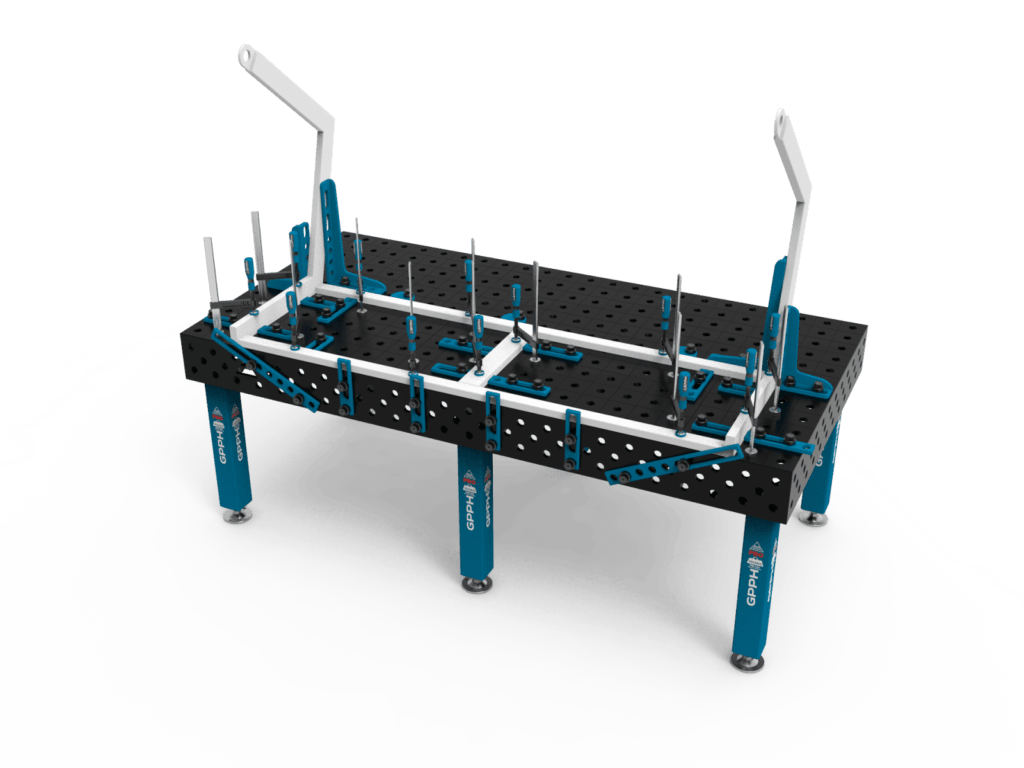 Mesa de soldadura PRO 2400x1200 mm durante o funcionamento