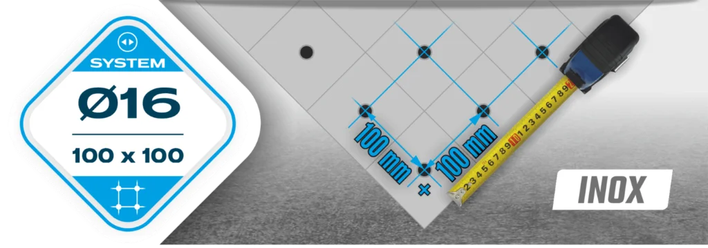 Siatka otworów montażowych 100x100 mm w systemie fi16.