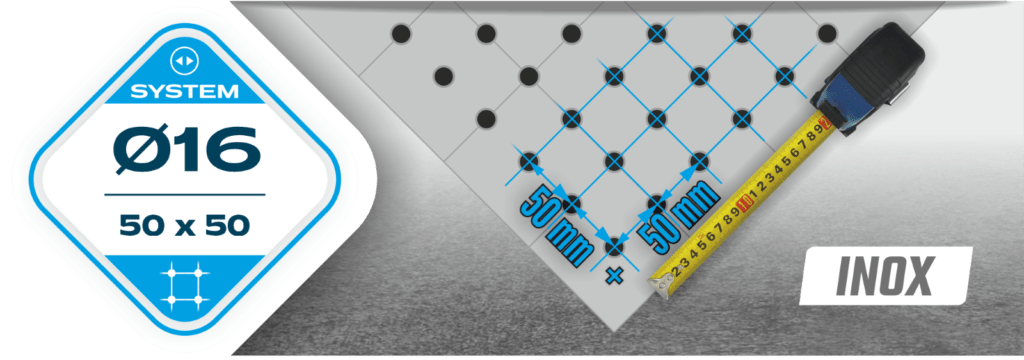 Mreža lukenj za pritrditev 50x50 mm, sistem fi16 v varilnih mizah serije INOX