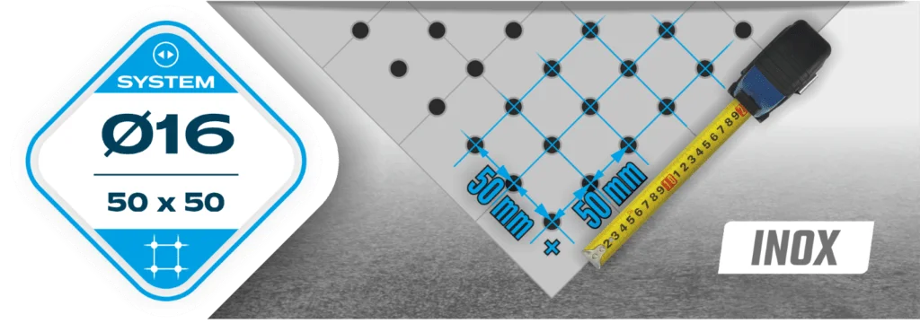 Siatka otworów montażowych 50x50 mm, system fi16 w stołach spawalniczych z serii INOX
