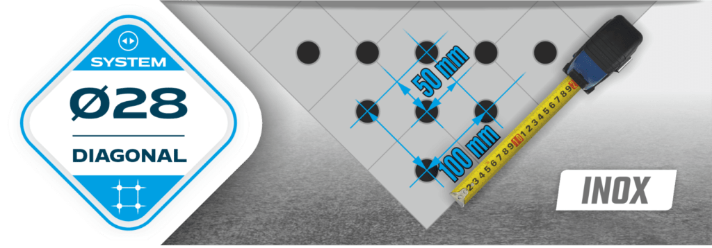 Diagonalna mreža montažnih odprtin v varilnih mizah fi28