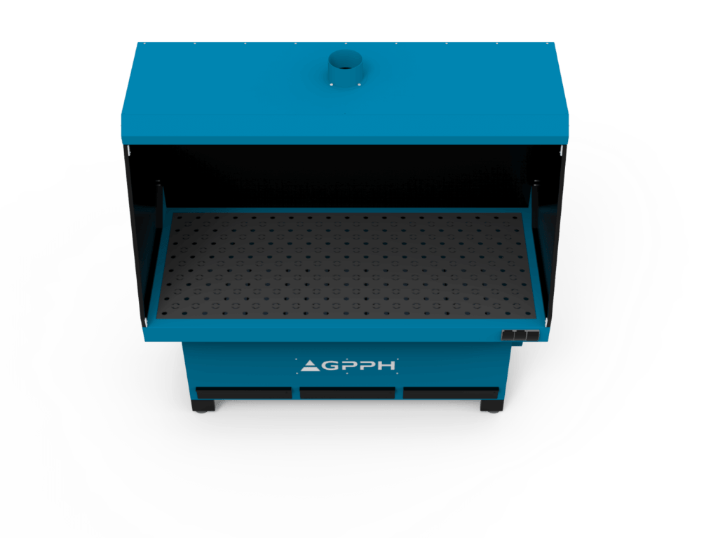 Stanowisko szlifiersko-odciągowe, szerokie, podstawa z odciągiem górnym