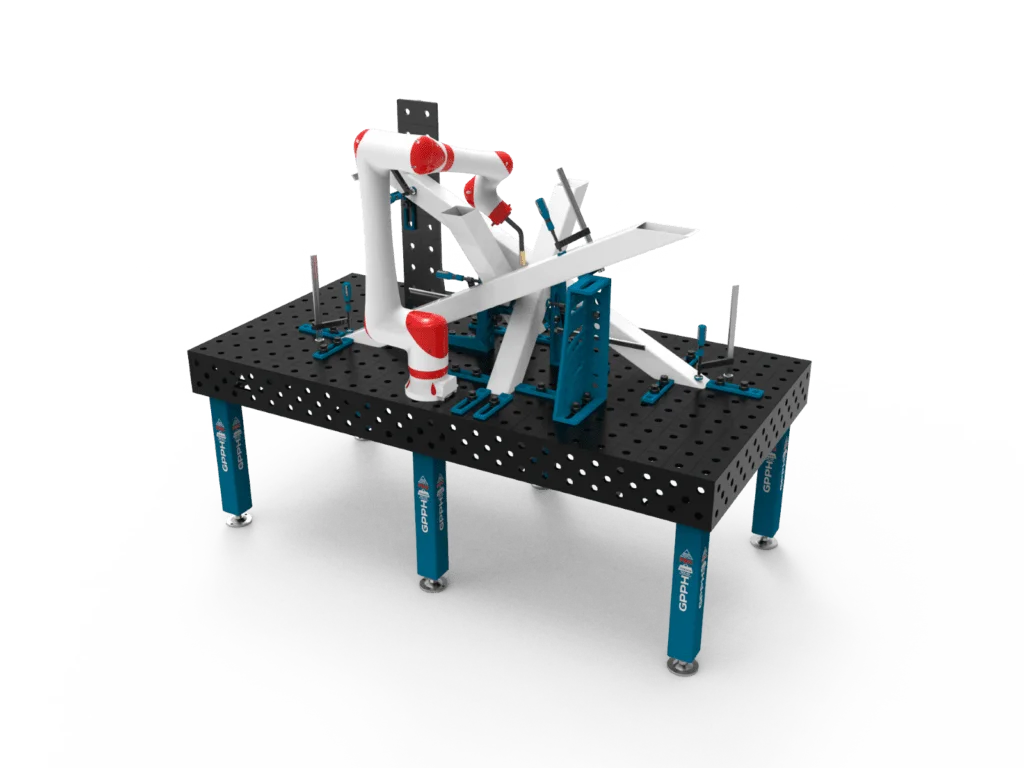 Traditionelt PRO-svejsebord på 240x120 cm med stablet struktur og COBOT