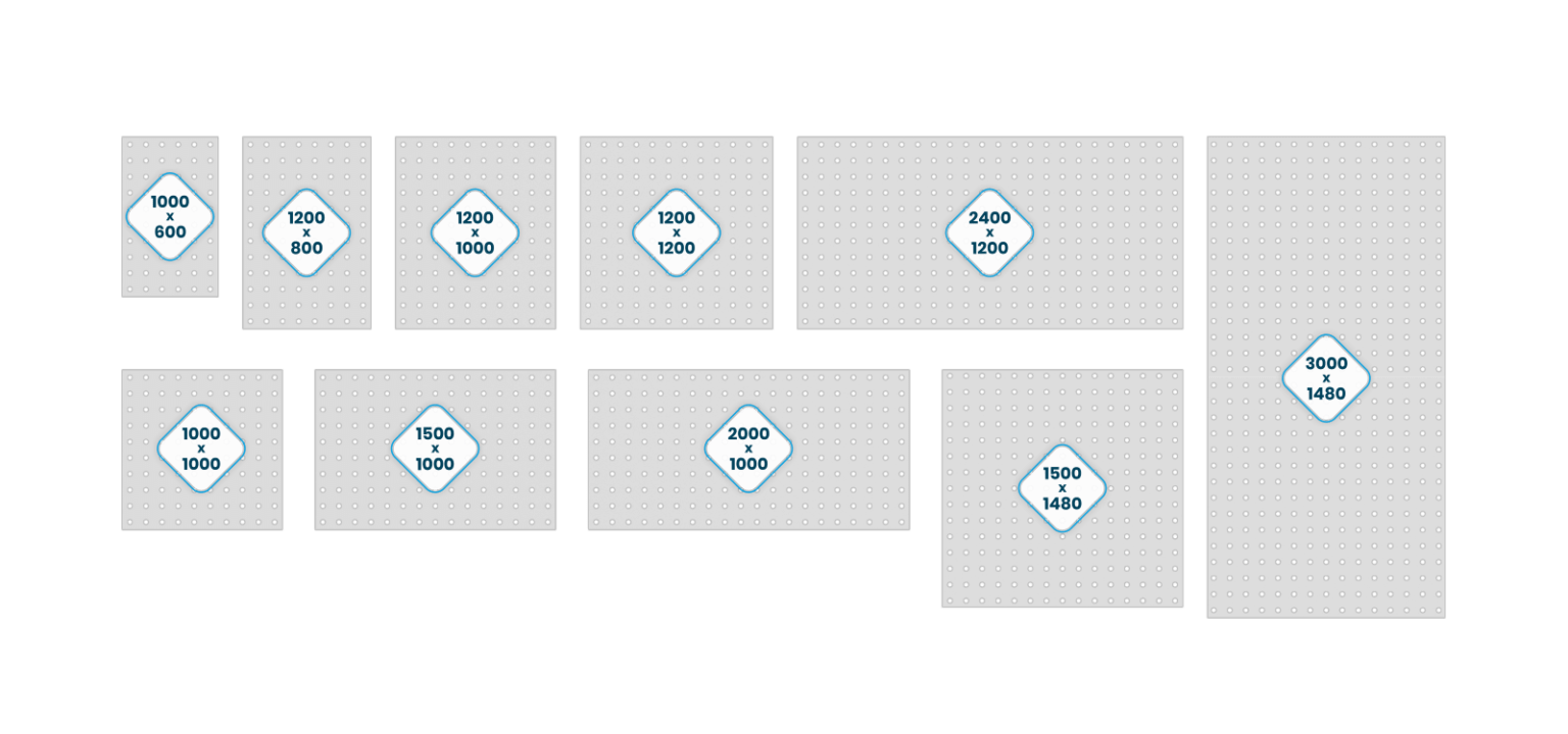 Vse razpoložljive velikosti varilnih miz v seriji INOX