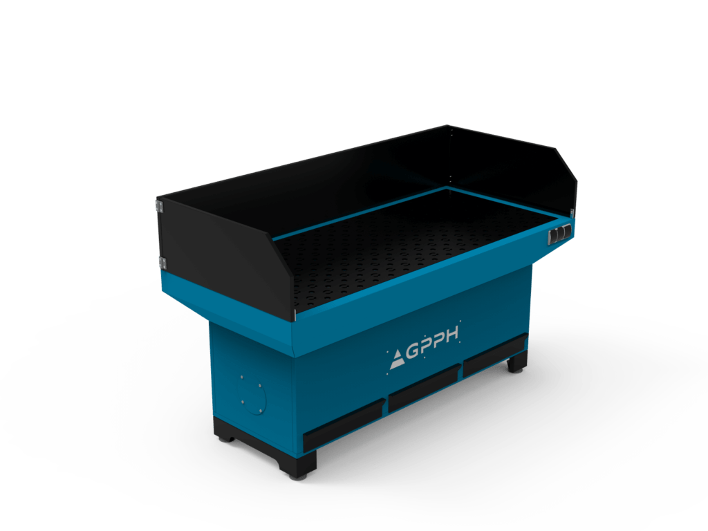 Stanowisko szlifiersko-odciągowe, szerokie, podstawa z osłonami bocznymi