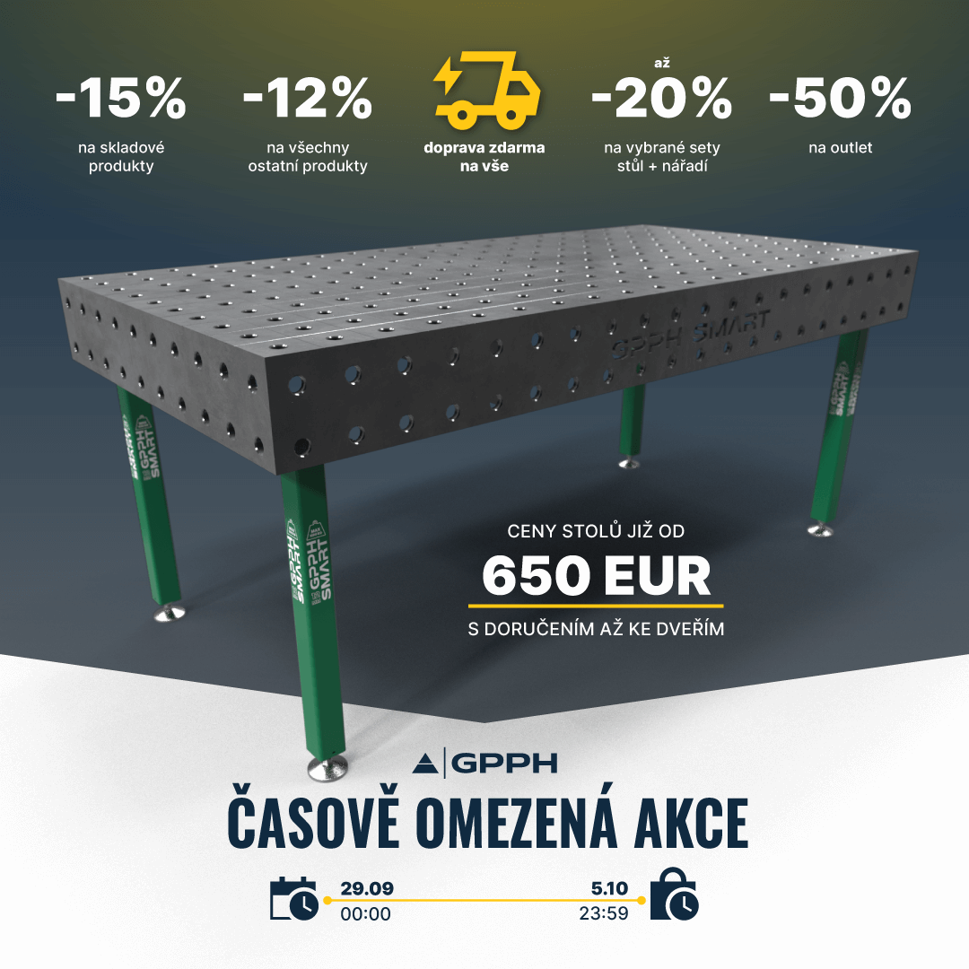 Časově omezená akce! -15% na skladové produkty, -12% na všechny ostatní produkty, doprava zdarma na vše, až -20% na vybrané sety stůl + nářadí, -50% na outlet.