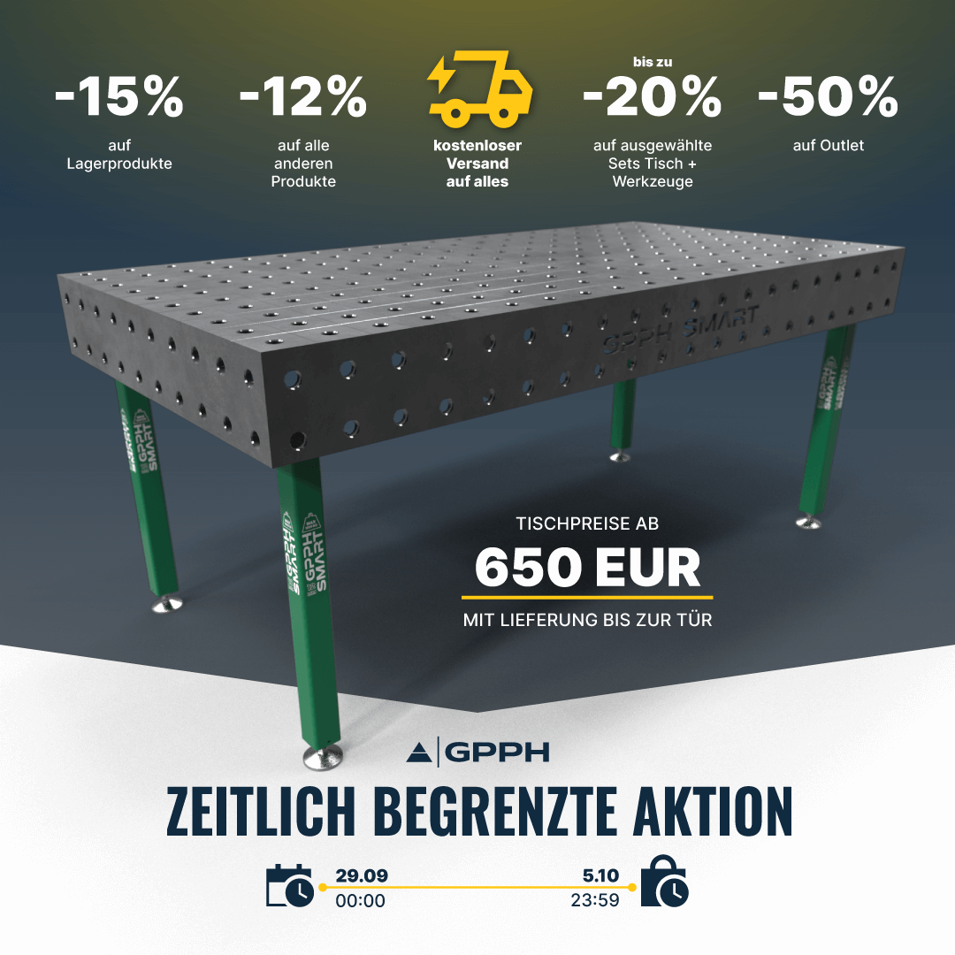 Zeitlich begrenzte Aktion! -15% auf Lagerprodukte, -12% auf alle anderen Produkte, kostenloser Versand auf alles, bis zu -20% auf ausgewählte Tisch + Werkzeug Sets, -50% im Outlet.