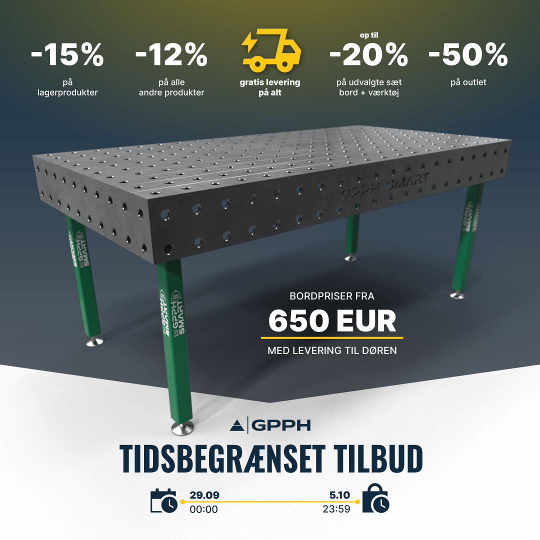 Tidsbegrænset kampagne! -15% på lagerprodukter, -12% på alle andre produkter, gratis levering på alt, op til -20% på udvalgte bord + værktøjssæt, -50% på outlet.