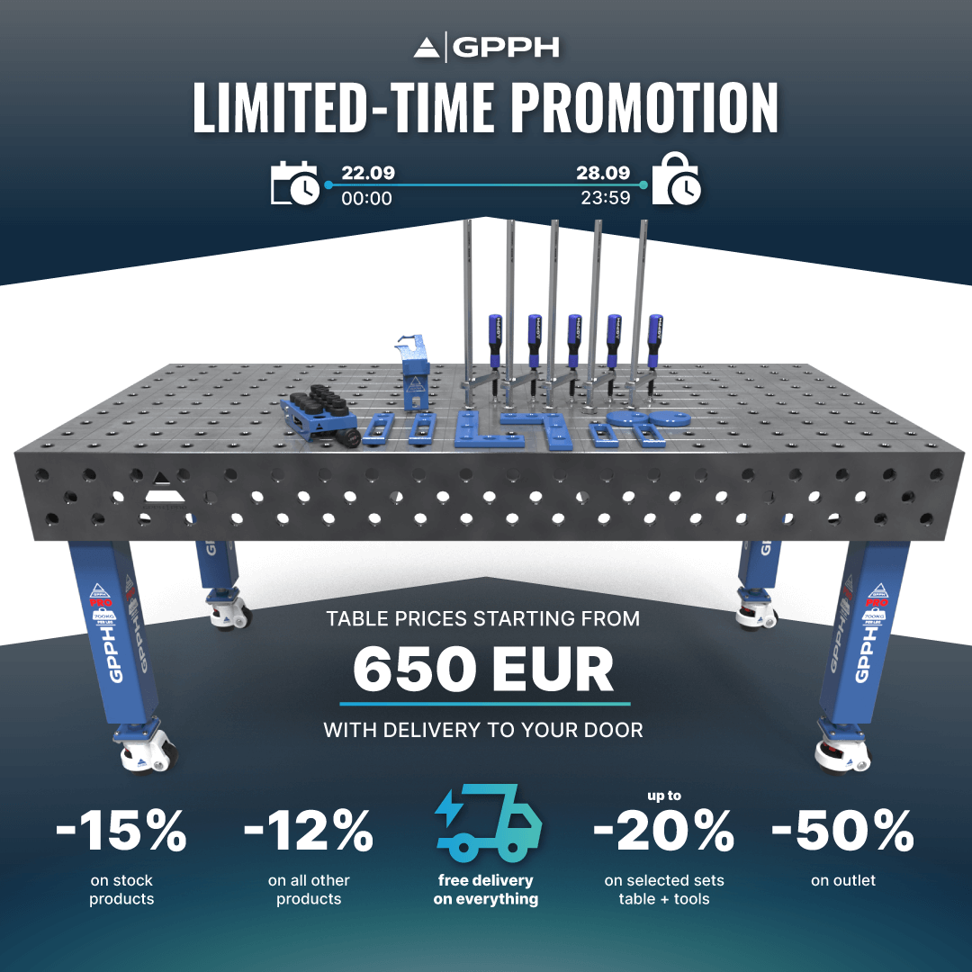 Limited time promotion! -15% on stock products, -12% on all other products, free delivery on everything, up to -20% on selected table + tools sets, -50% on outlet.
