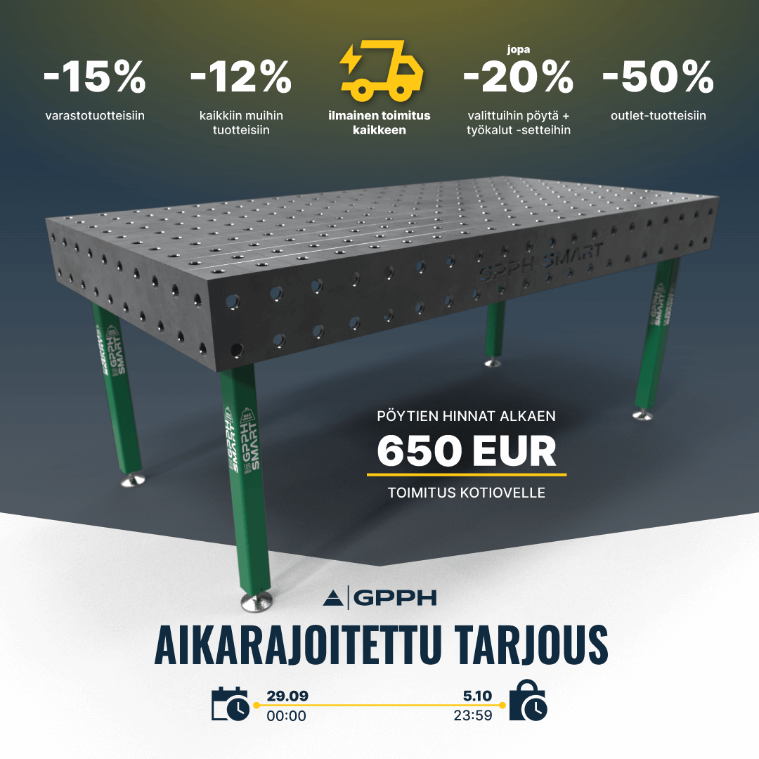 Aikarajoitettu kampanja! -15% varastotuotteista, -12% kaikista muista tuotteista, ilmainen toimitus kaikkeen, jopa -20% valituista pöytä + työkaluseteistä, -50% outletissa.