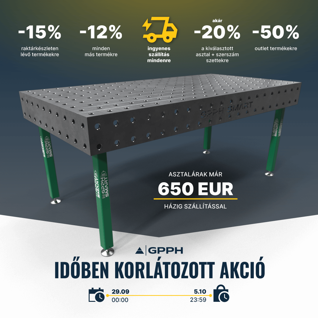 Időben korlátozott akció! -15% a raktári termékekre, -12% minden más termékre, ingyenes szállítás mindenre, akár -20% a kiválasztott asztal + szerszám készletekre, -50% outlet.