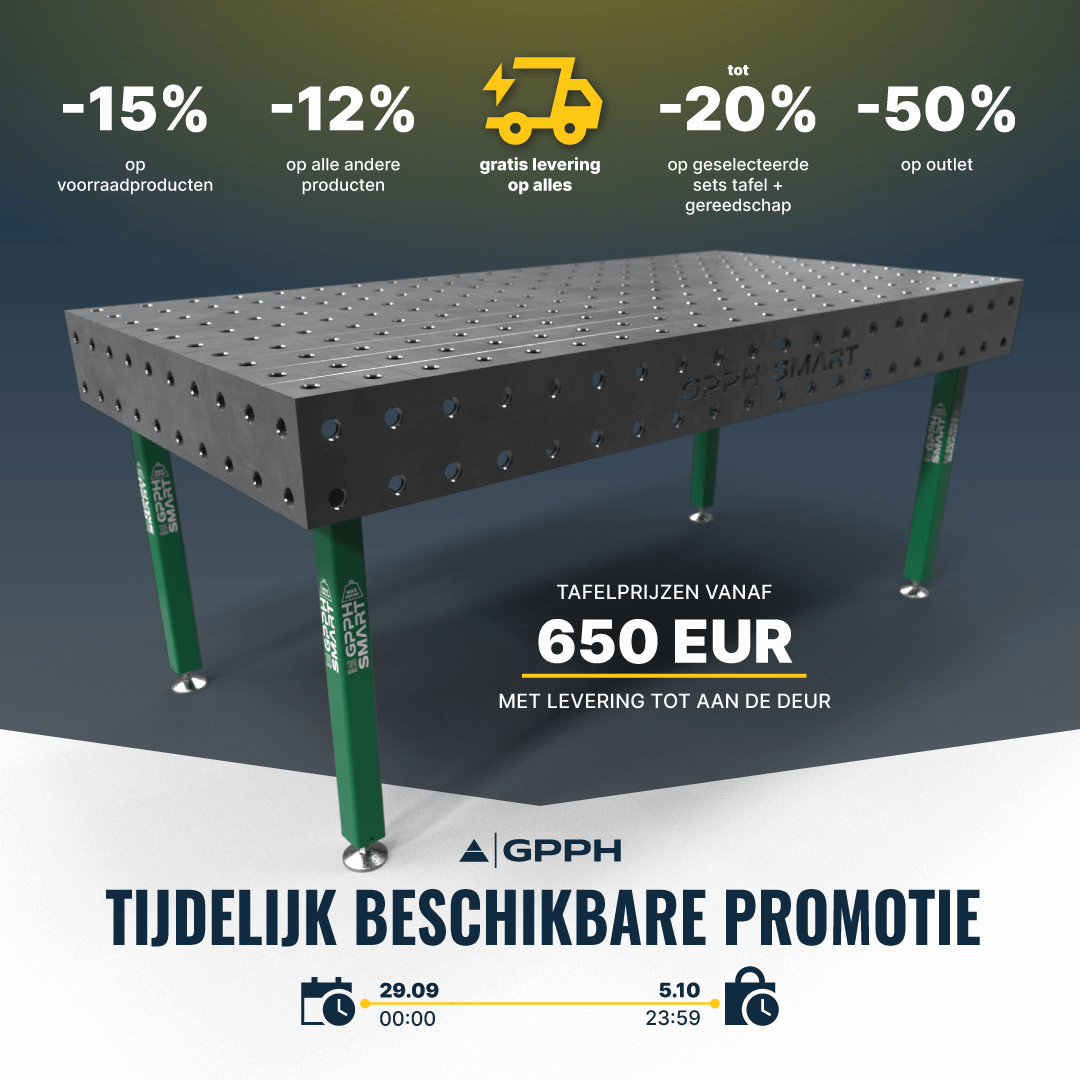 Tijdelijke promotie! -15% op voorraadproducten, -12% op alle andere producten, gratis levering op alles, tot -20% op geselecteerde tafel + gereedschap sets, -50% op outlet.