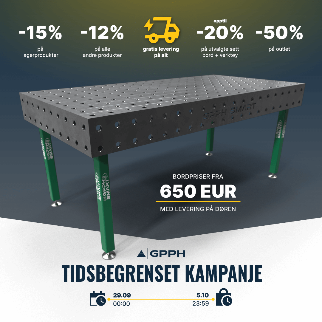 Tidsbegrenset kampanje! -15% på lagerprodukter, -12% på alle andre produkter, gratis frakt på alt, opptil -20% på utvalgte bord + verktøysett, -50% på outlet.
