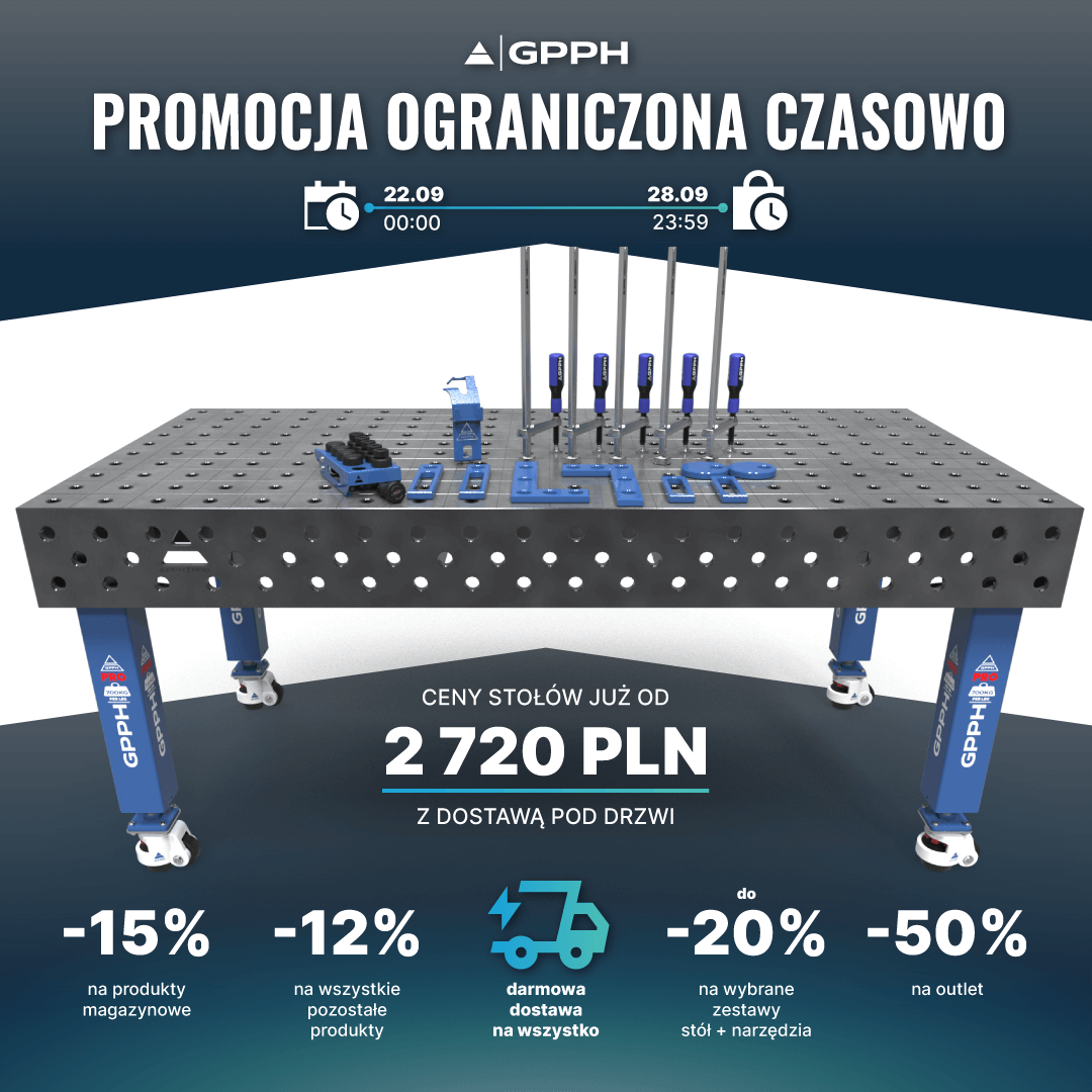 Promocja ograniczona czasowo -15% na produkty magazynowe - 12%na wszystkie pozostałe produkty darmowa dostawa na wszystko do -20% na wybrane zestawy stół + narzędzia -50% na outlet