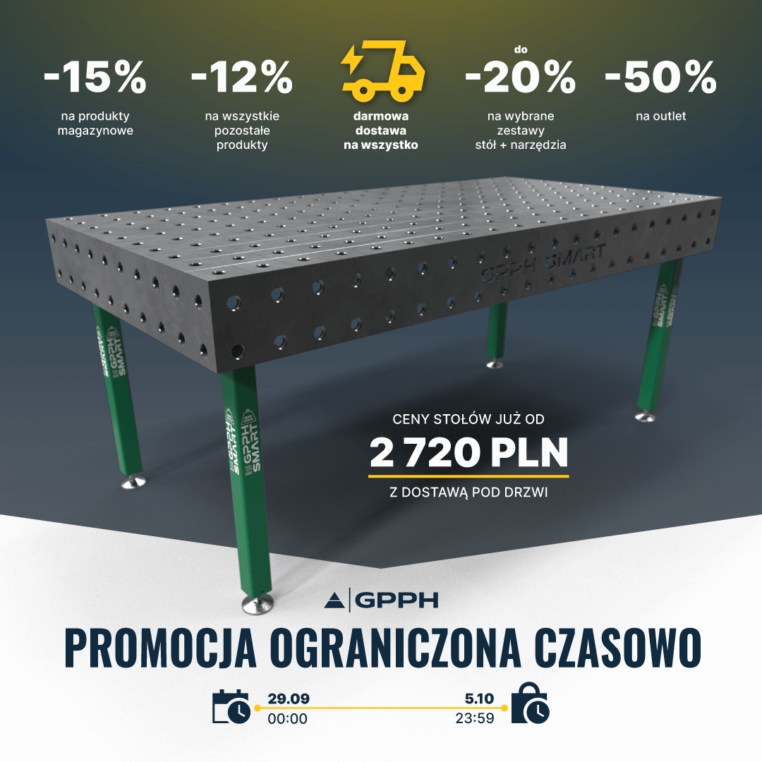 Promocja ograniczona czasowo -15% na produkty magazynowe - 12%na wszystkie pozostałe produkty darmowa dostawa na wszystko do -20% na wybrane zestawy stół + narzędzia -50% na outlet
