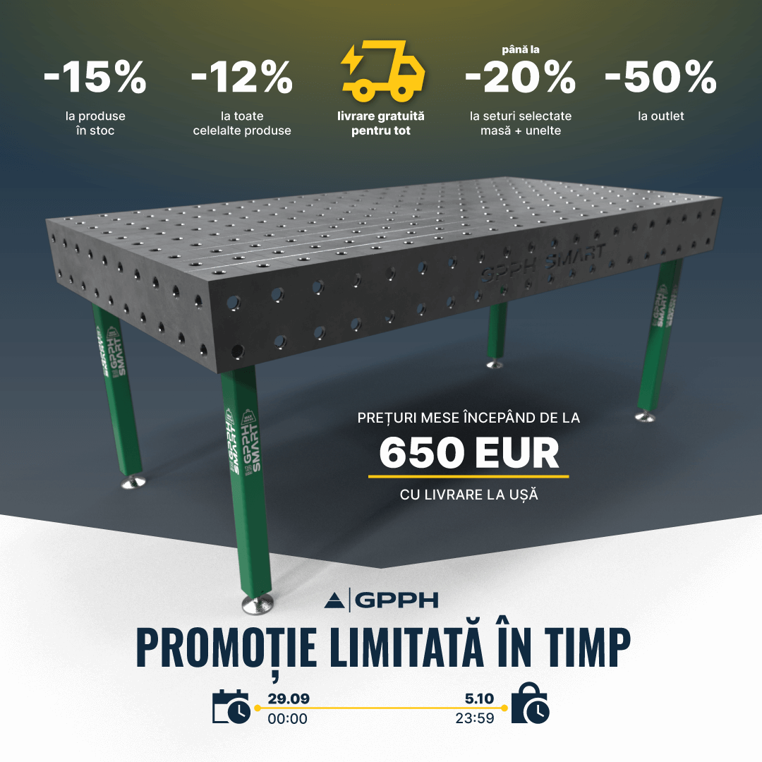 Promoție limitată! -15% la produsele din stoc, -12% la toate celelalte produse, livrare gratuită la tot, până la -20% la seturile selectate masă + unelte, -50% la outlet.